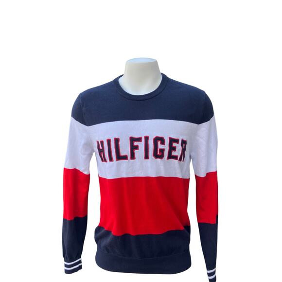 Tommy Hilfiger Sweater Sz M Crew Neck Striped Colorblock Y2K Embroidered Preppy - Picture 1 of 14